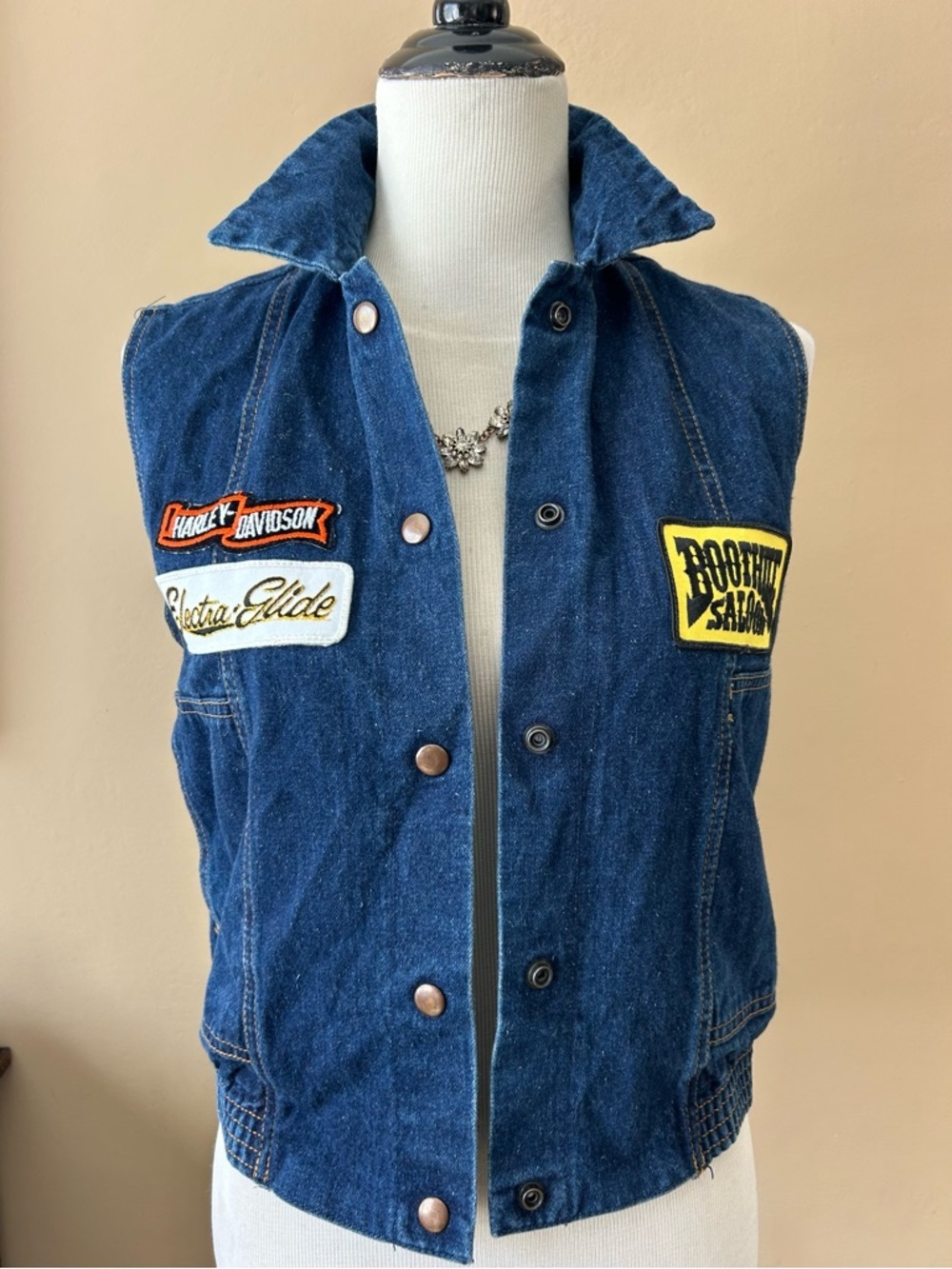 Vintage 90s Harley Davidson Denim Vest Boot Hill Saloon Electra Glide Eagle S - Picture 9 of 14